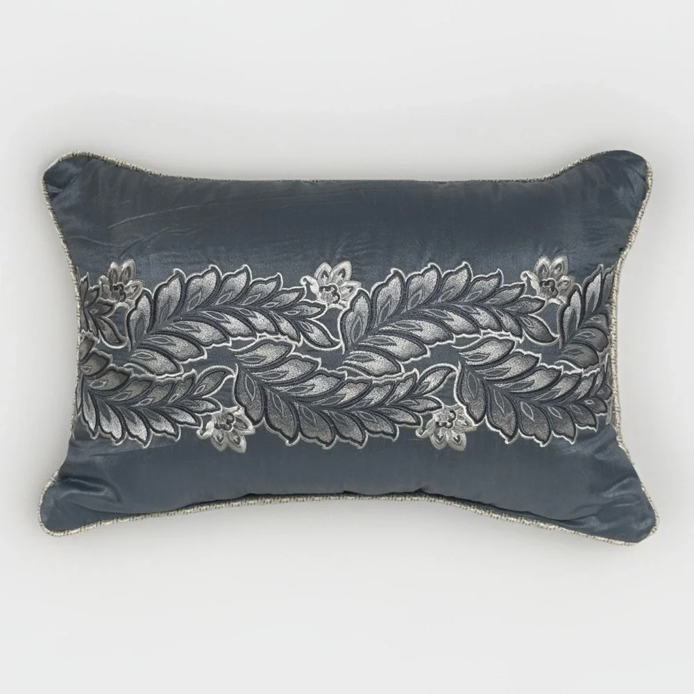 Croscill Seren Blue Boudoir‎ Pillow 18x12 Embroidered Leaf Luxury Accent Throw